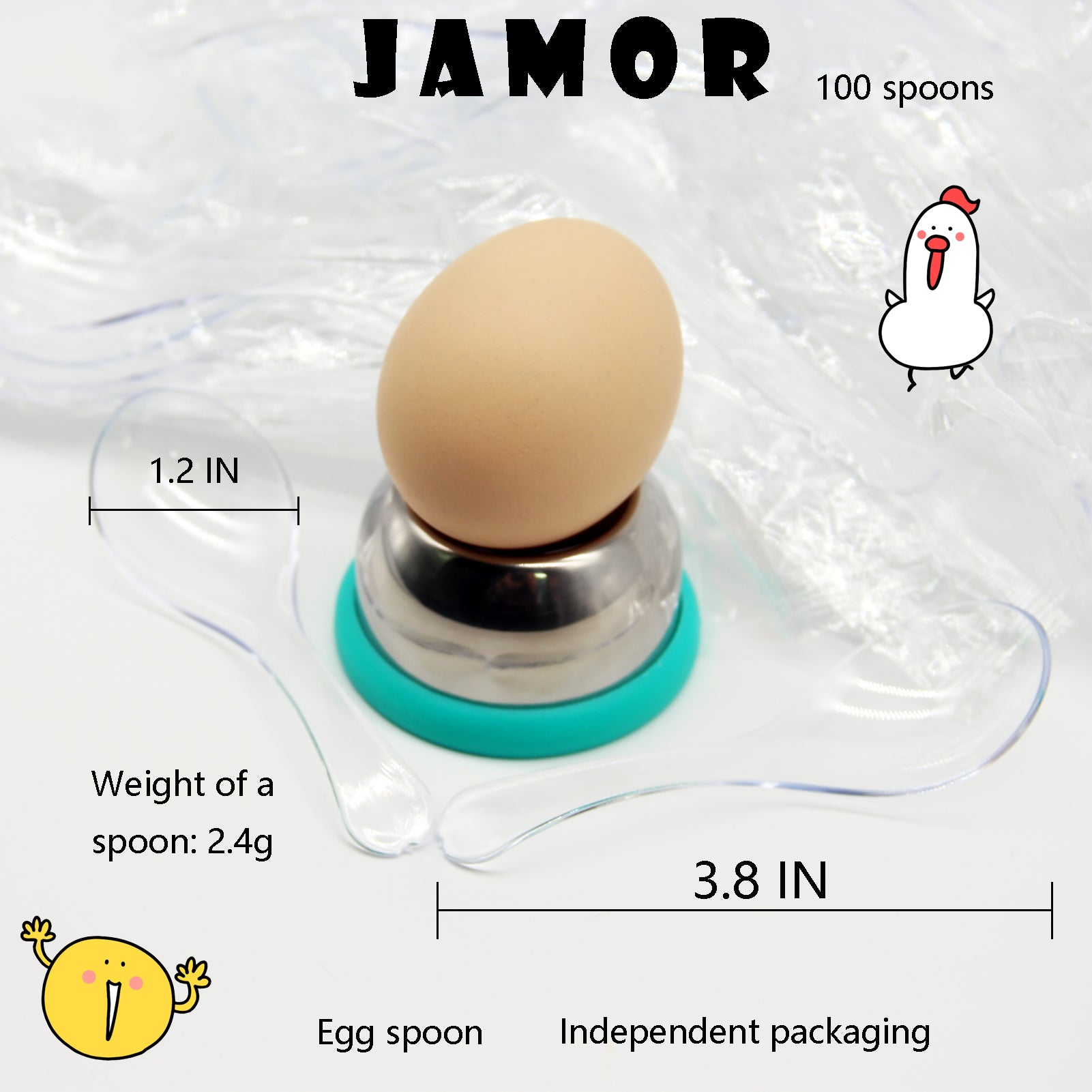 JAMOR 100 Egg Spoons, Individually Packaged, Transparent, Disposable Plastic Egg Spoons/Also Suitable For Dessert Spoons, Tea Spoons, Coffee Spoons, Ice Cream Spoons