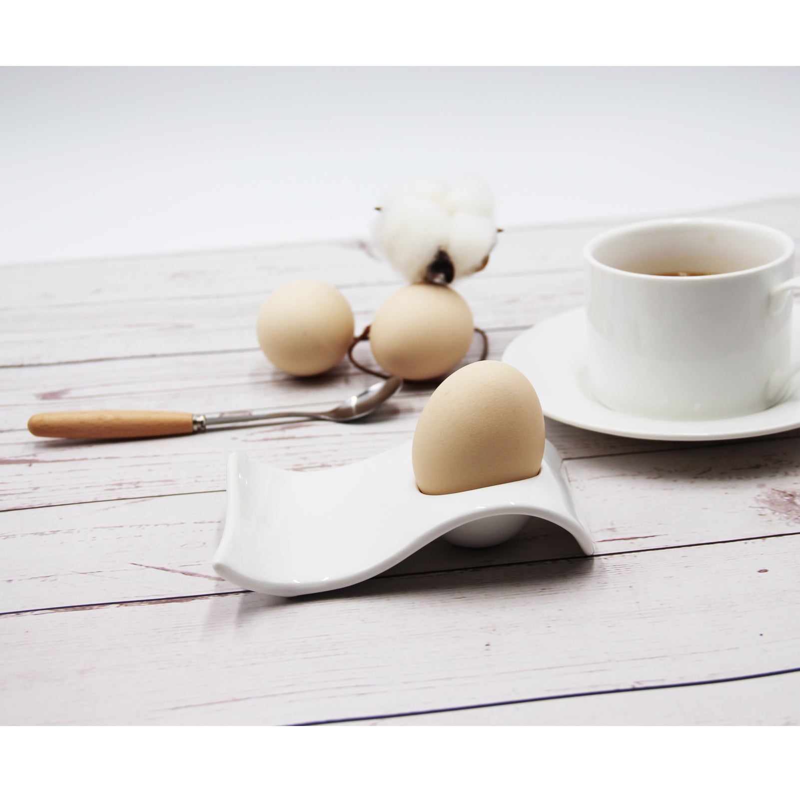JAMOR White Porcelain Egg Tray,Wave-Shaped Ceramic Egg Cup Plate